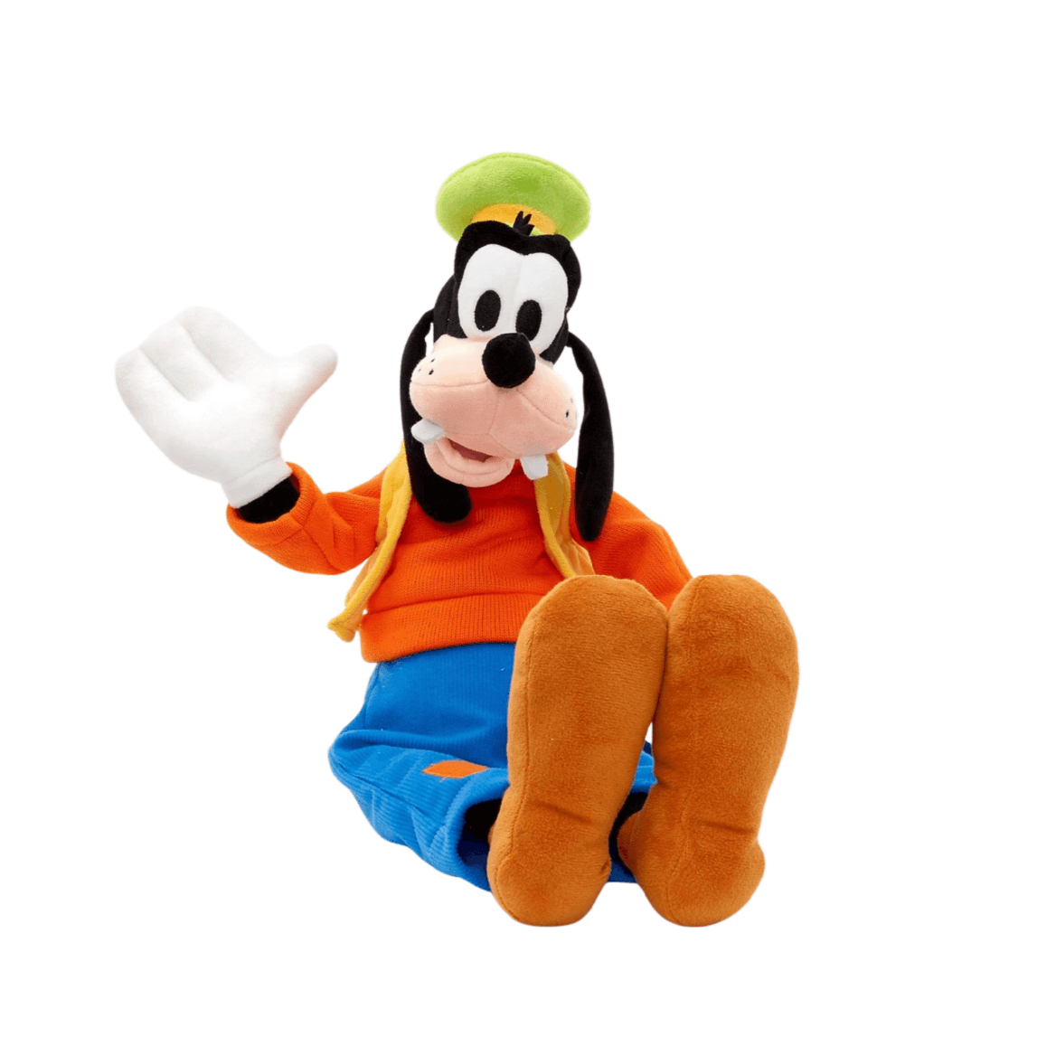 peluche Dingo Disney en tissu doux, avec haut orange, pantalon bleu, chaussures brunes et chapeau vert clair
