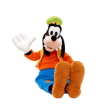 peluche Dingo Disney en tissu doux, avec haut orange, pantalon bleu, chaussures brunes et chapeau vert clair