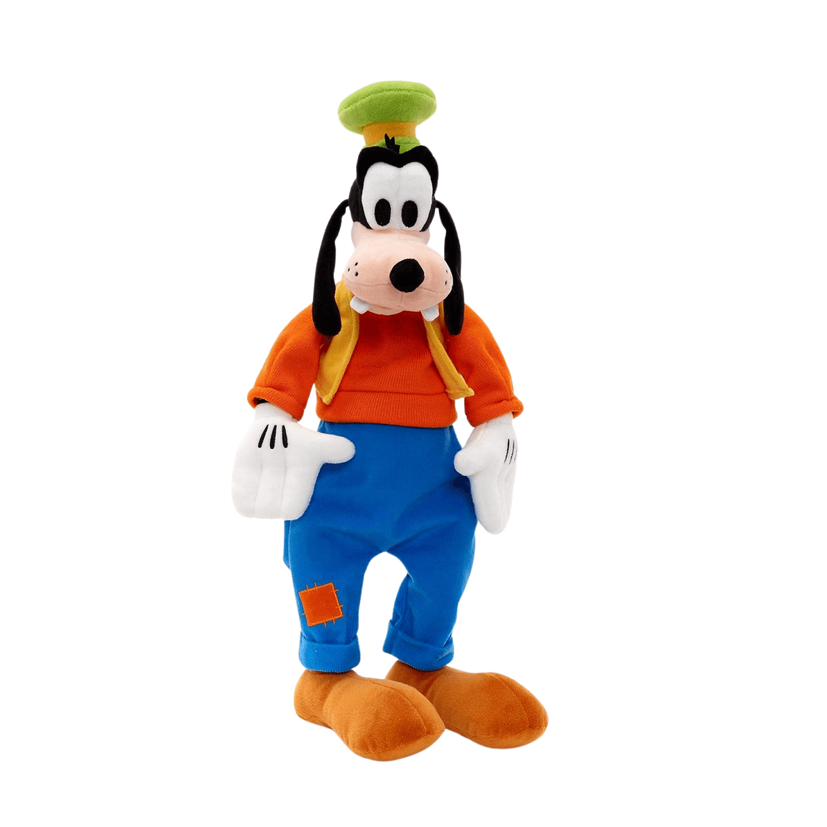 peluche Dingo Disney orange et bleue en tissu doux, avec gants blancs, longues oreilles noires et chapeau vert