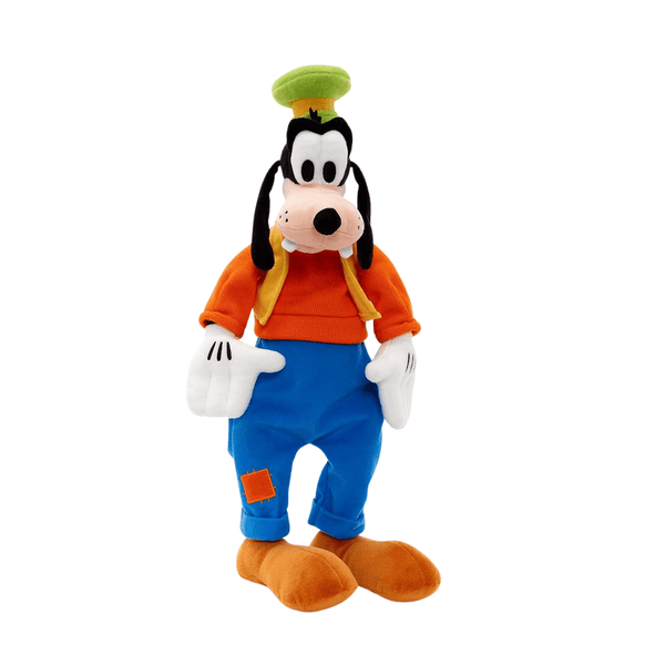 peluche Dingo Disney orange et bleue en tissu doux, avec gants blancs, longues oreilles noires et chapeau vert