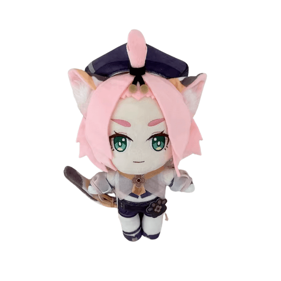 peluche Diona rose et blanche, avec oreilles de chat, cheveux roses, yeux verts et tenue sombre détaillée