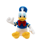 Peluche Donald Duck en tissu doux, avec veste bleue à bordures jaunes, grand nœud rouge et bec jaune.