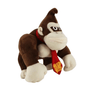 Peluche Donkey Kong brune en tissu doux, au museau beige et à la cravate rouge ornée des lettres DK.