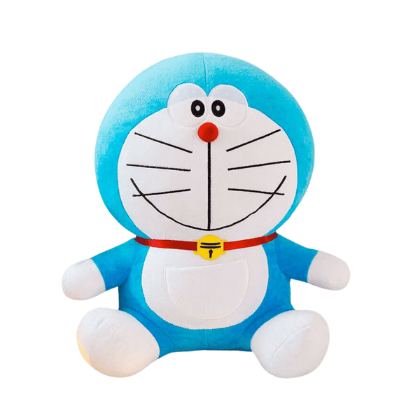Peluche Doraemon bleue et blanche, en tissu doux, avec collier rouge, clochette jaune et visage souriant brodé.