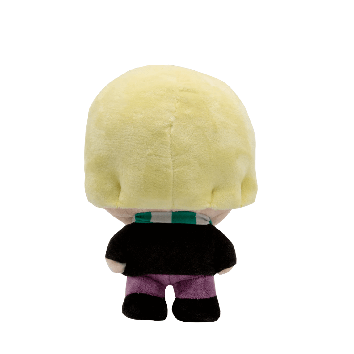 Peluche Drago Malefoy en tissu doux, vue de dos, avec cheveux blond clair, pull noir et pantalon violet.
