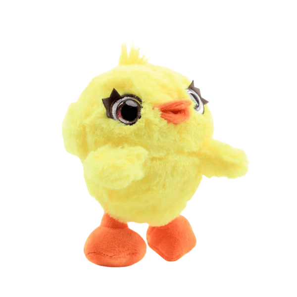 Peluche Ducky jaune en matière douce, avec bec orange, grands yeux bordés de cils et pattes orange