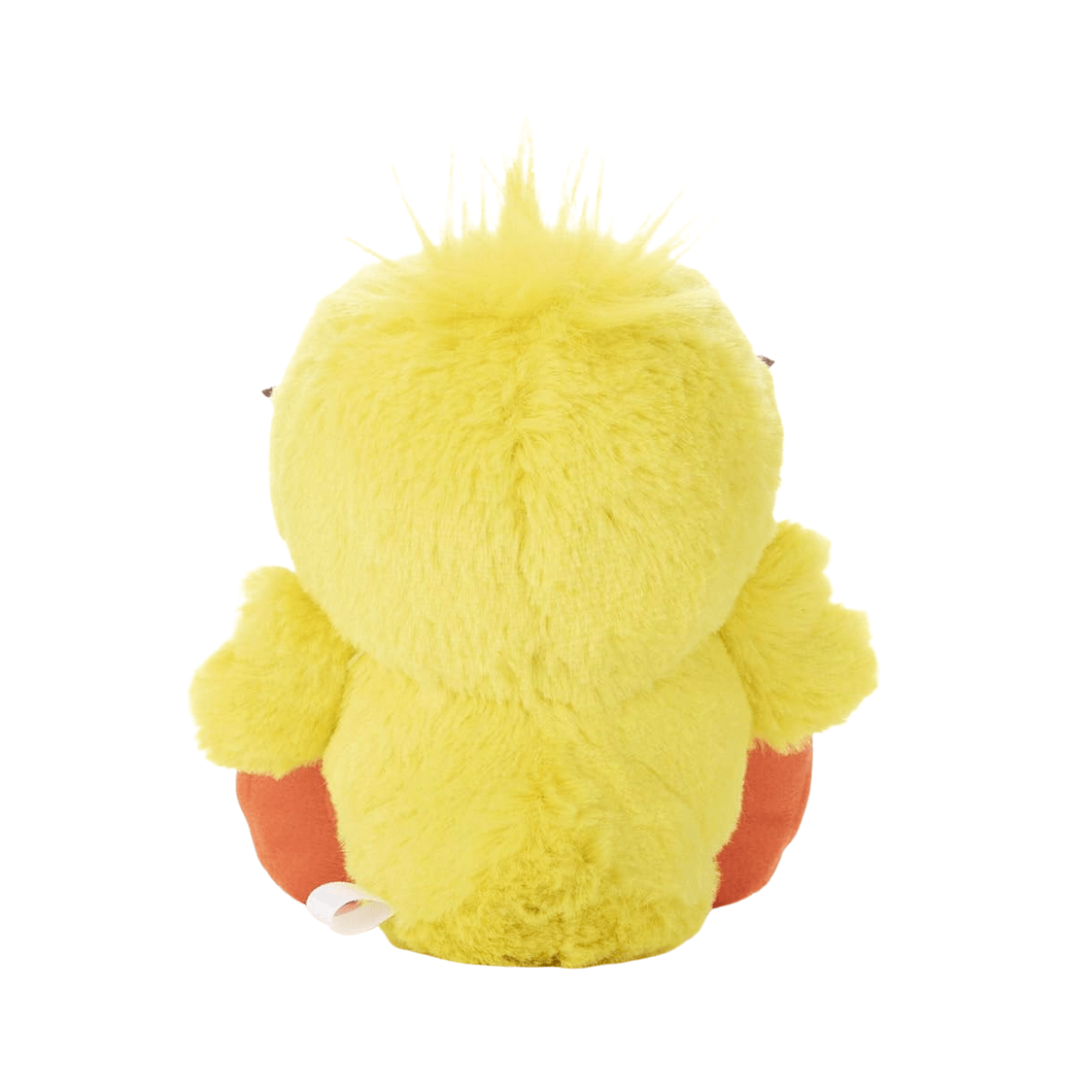 Peluche Ducky jaune duveteuse vue de dos, avec des ailes arrondies, des pattes orange et une petite houppette.