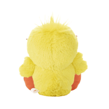 Peluche Ducky jaune duveteuse vue de dos, avec des ailes arrondies, des pattes orange et une petite houppette.