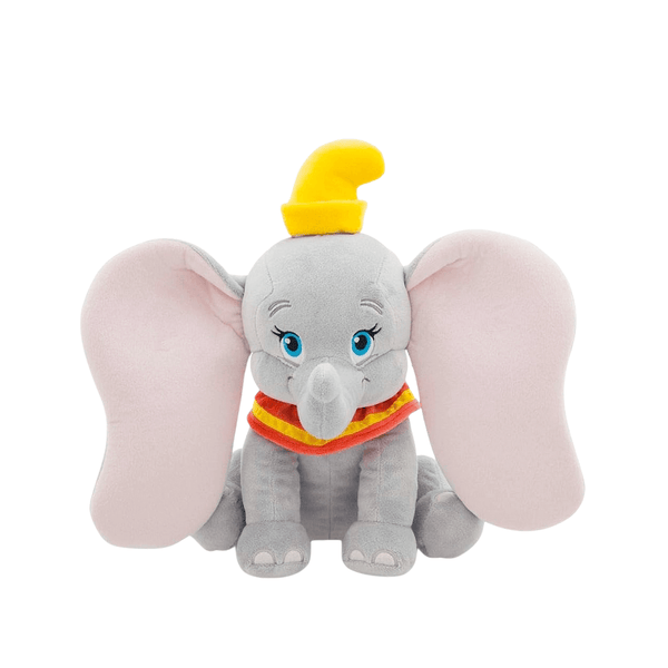 Peluche Dumbo grise en tissu doux, aux grandes oreilles roses, au chapeau jaune et au col rouge et jaune.