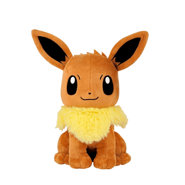 Peluche Évoli marron en tissu doux, avec de grandes oreilles noires et un col jaune duveteux.
