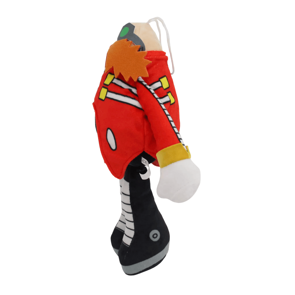 peluche Eggman rouge en tissu, avec moustache orange, bras blanc et jambes noires rayées, suspendue par une boucle