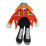 Peluche Eggman rouge en tissu, avec moustache orange, lunettes vertes, grands gants blancs et longues jambes rayées