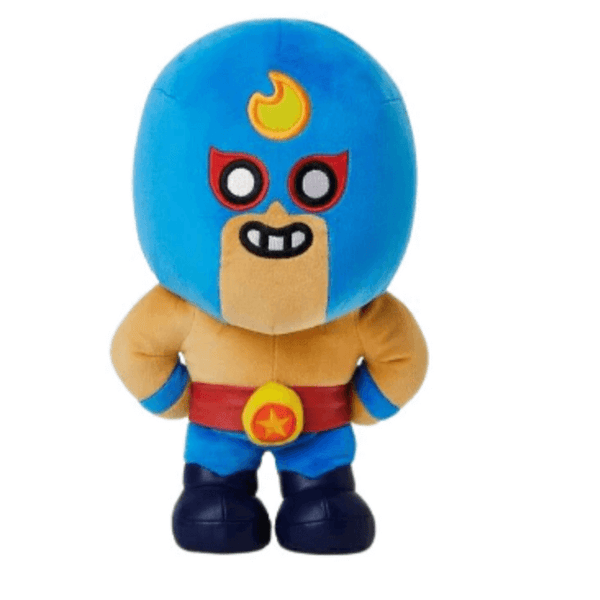 Peluche El Costo bleue et beige en costume de lutteur, avec masque à flamme, ceinture rouge et bottes bleu foncé.