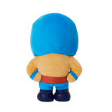peluche El Costo en tissu, vue de dos, avec une grande tête bleue, un haut beige, une ceinture rouge et des bottes bleu marine