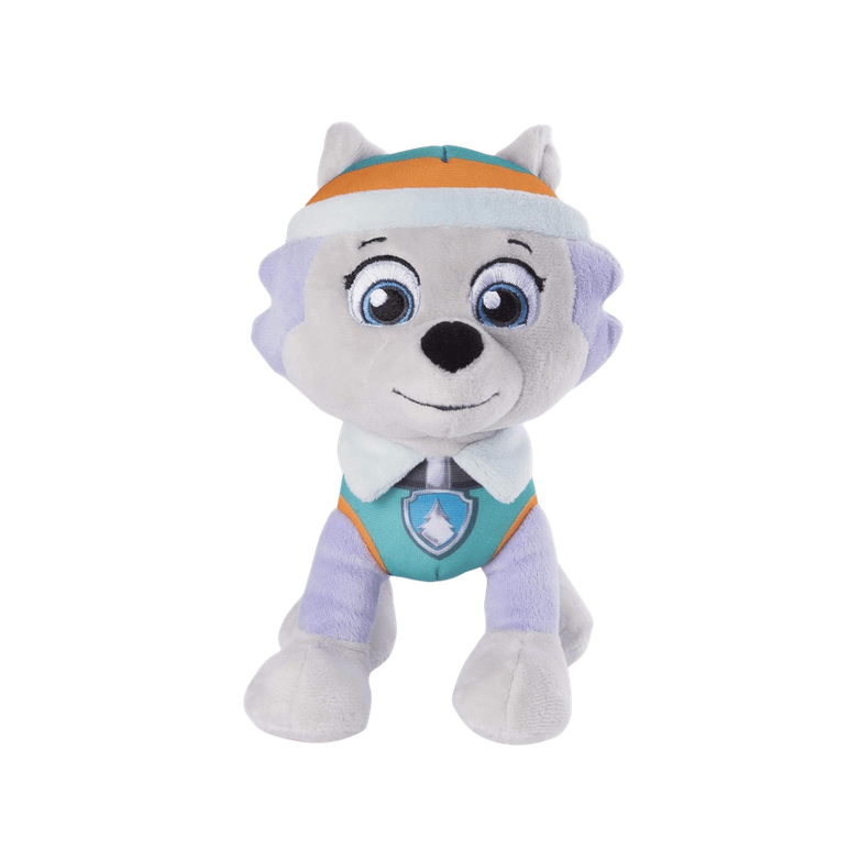 Peluche Everest grise et blanche en tissu doux, aux yeux bleus, avec bonnet orange et turquoise et gilet assorti.