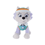 Peluche Everest grise et blanche en tissu doux, aux yeux bleus, avec bonnet orange et turquoise et gilet assorti.