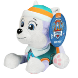 Peluche Everest husky blanc et violet, avec bonnet rayé orange et turquoise, uniforme vert et écusson Pat Patrouille.
