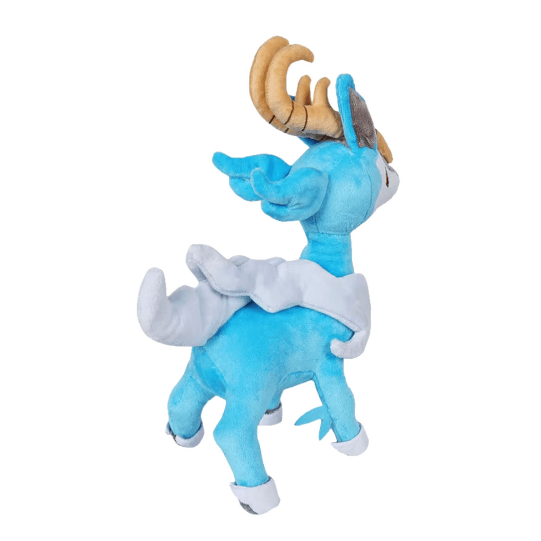 peluche Fenglope bleue en tissu doux, avec de grands bois beige et une crinière ainsi que des sabots blancs