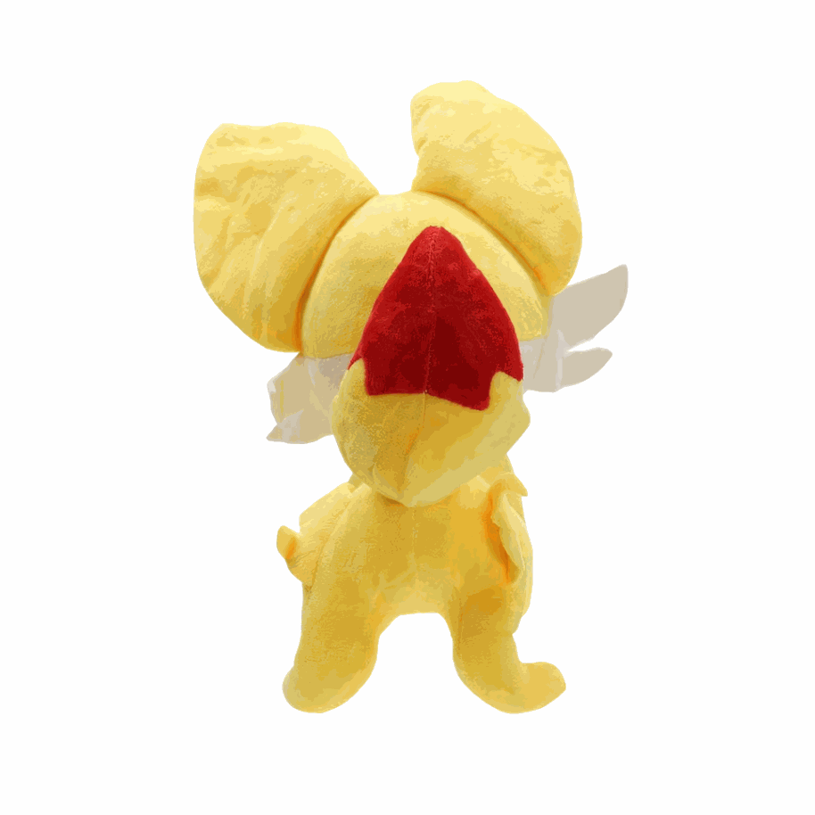 peluche Feunnec jaune et crème, avec de grandes oreilles touffues et une touffe rouge en forme de flamme