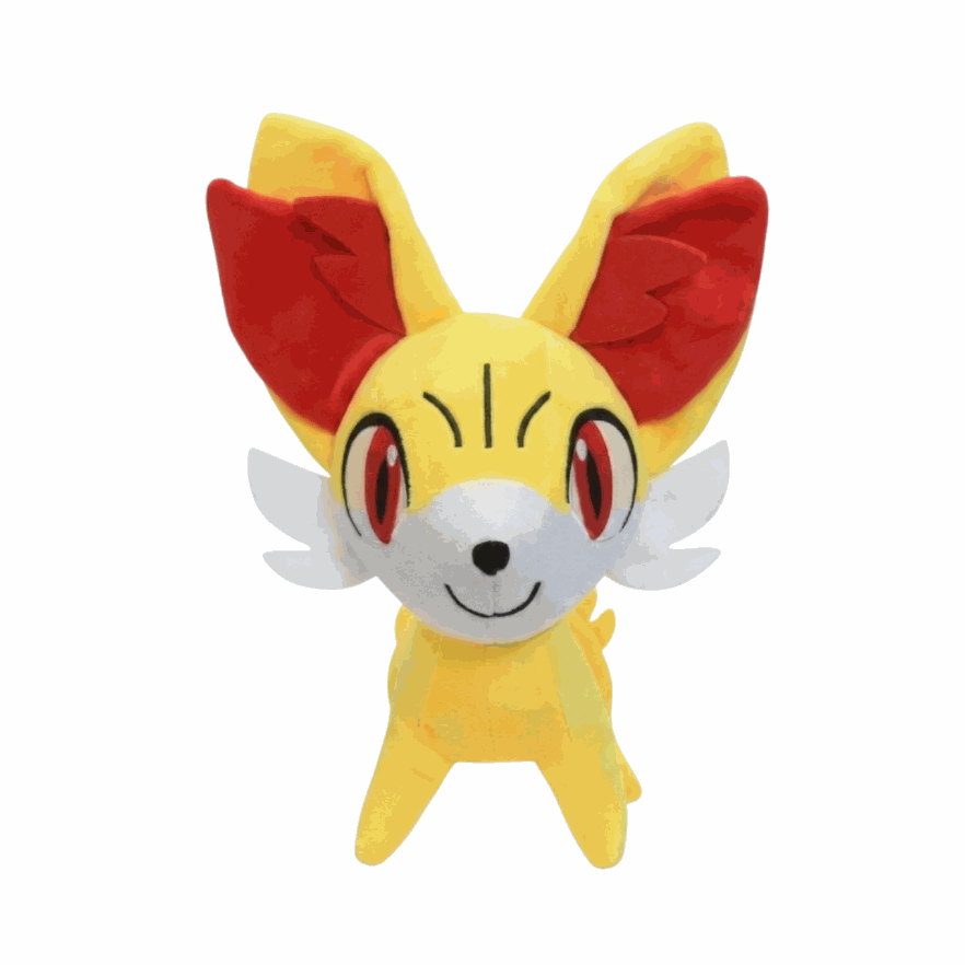Peluche Feunnec jaune et rouge en tissu doux, avec de grandes oreilles, un museau blanc et des yeux rouges.