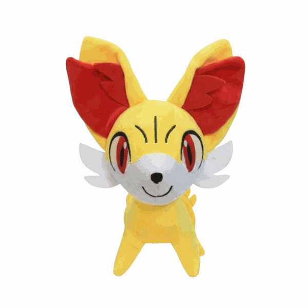 Peluche Feunnec jaune et rouge en tissu doux, avec de grandes oreilles, un museau blanc et des yeux rouges.