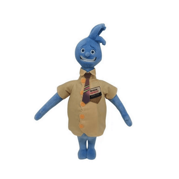 Peluche Flack bleue en tissu, vêtue d’une chemise beige à boutons orange et d’une cravate rayée, avec badge.
