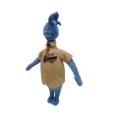 Peluche Flack bleu en tissu, vêtue d’un manteau beige avec cravate, badge et détails brodés, aux longues oreilles.