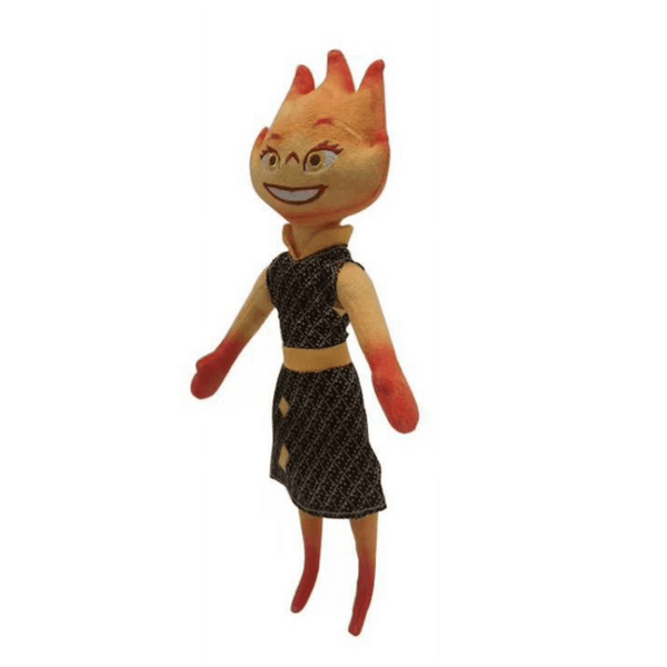 Peluche Flam au corps orange en forme de flamme, avec un visage souriant et une robe noire à motifs dorés.