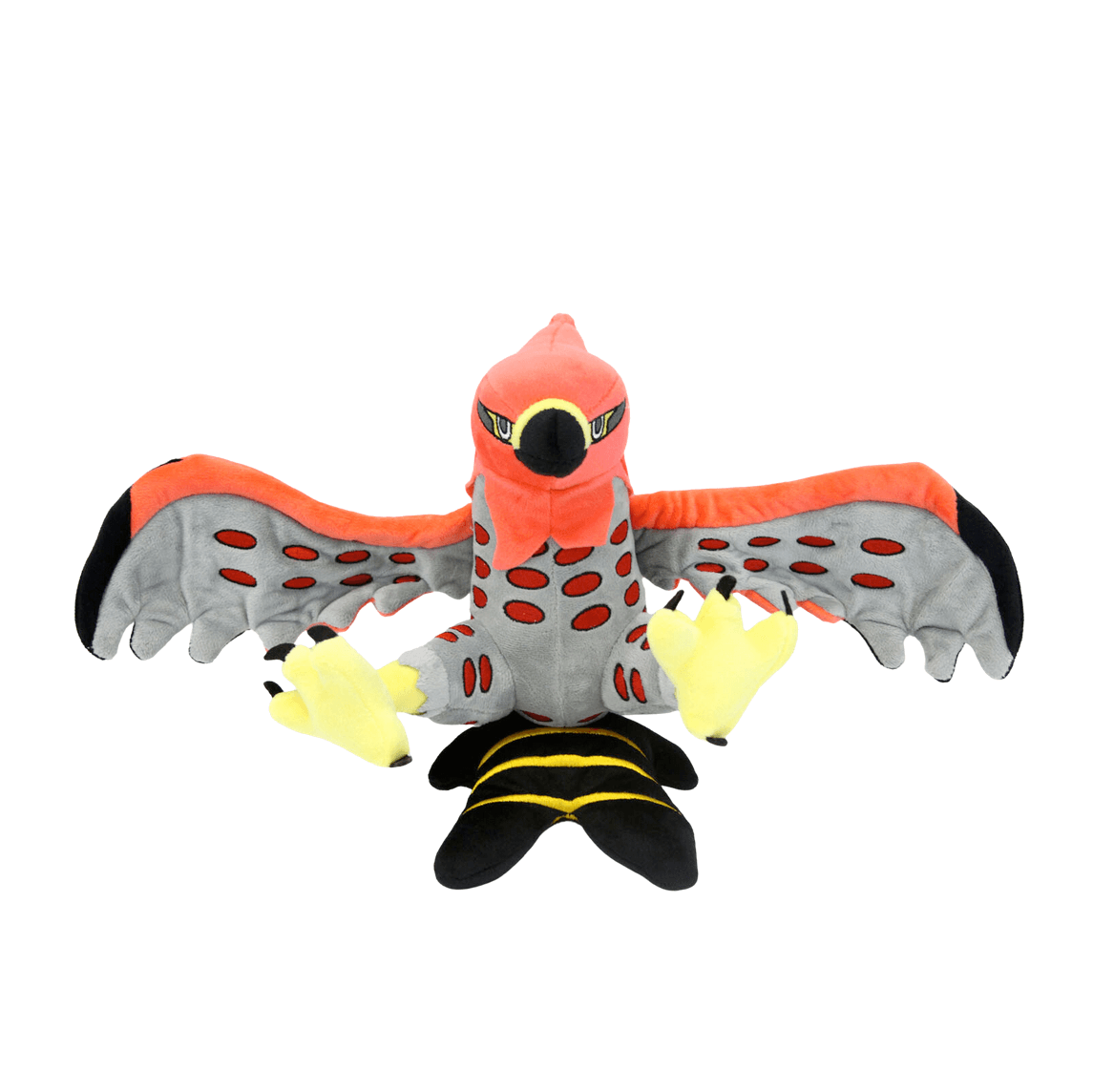 Peluche Flambusard rouge et grise aux ailes déployées, avec des motifs ovales rouges, un bec noir et des serres jaunes.