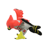 peluche Flambusard rouge, grise et noire avec des ailes déployées, des marques jaunes et des pattes jaunes