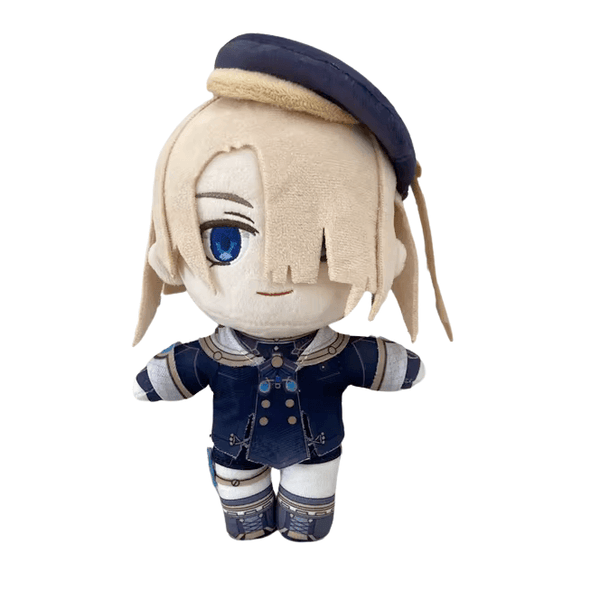 peluche Freminet aux cheveux blond pâle, béret bleu marine et tenue de plongeur bleue et blanche à boutons dorés