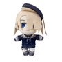 peluche Freminet aux cheveux blond pâle, béret bleu marine et tenue de plongeur bleue et blanche à boutons dorés