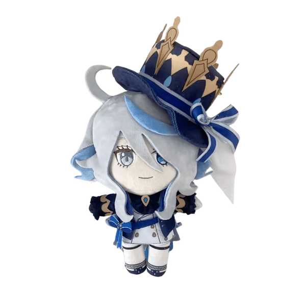 Peluche Furina aux cheveux blancs et au costume bleu et blanc, coiffée d’un grand chapeau bleu orné de dorures