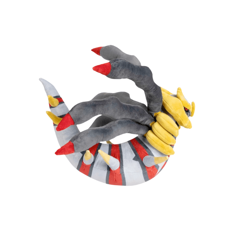 peluche Giratina grise et noire en tissu, avec pointes rouges, griffes jaunes et ventre rayé gris et rouge