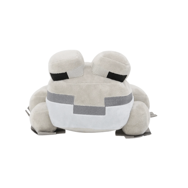 peluche Grenouille Minecraft en tissu beige et blanc, avec de grands yeux brodés noirs et des détails gris pixelisés