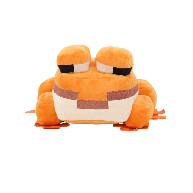 peluche Grenouille orange en tissu doux, au corps trapu, avec des yeux proéminents et des motifs pixelisés crème et bruns