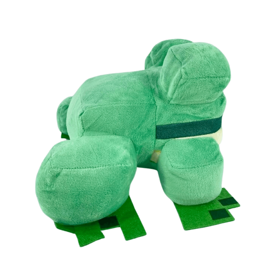 peluche Grenouille verte en tissu doux, avec corps arrondi, pattes cubiques et pieds plats inspirés de Minecraft
