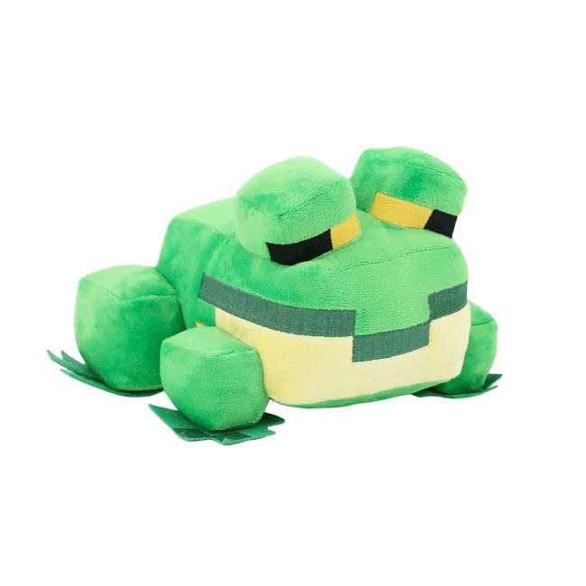 peluche Grenouille verte aux yeux jaunes et noirs, ventre crème, avec des bandes rectangulaires vert foncé et des pattes larges
