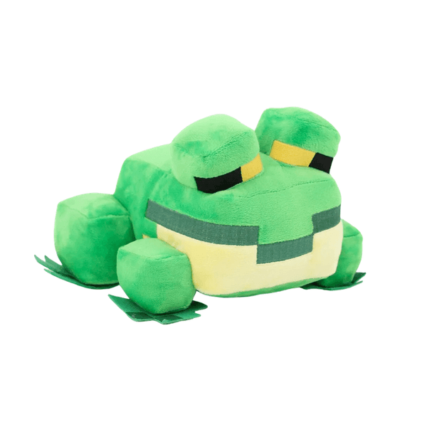 peluche Grenouille verte aux yeux jaunes et noirs, ventre crème, avec des bandes rectangulaires vert foncé et des pattes larges