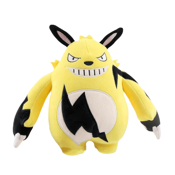 Peluche Grizzbolt jaune en tissu doux, avec oreilles noires, ventre crème et motif éclair noir sur le corps.