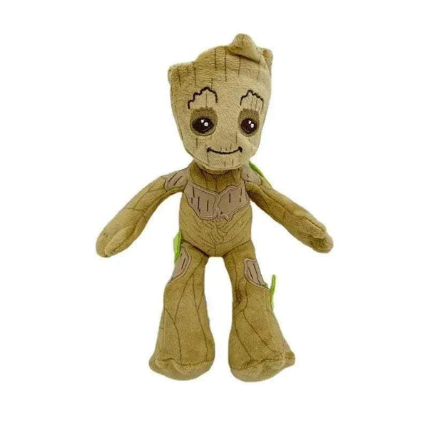 Peluche Groot brun et beige en forme d’arbre humanoïde, avec de grands yeux brodés et les bras écartés.