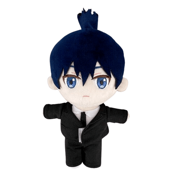 Peluche Hayakawa Aki aux cheveux bleu foncé, aux yeux bleus brodés et vêtue d’un costume noir avec cravate.