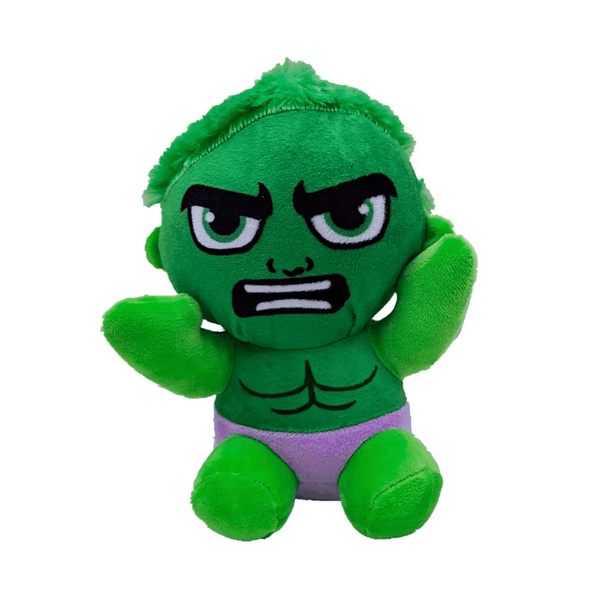 peluche Hulk verte en tissu doux, avec pantalon violet, yeux expressifs et bras levés en pose musclée