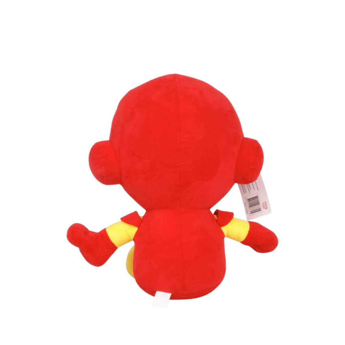 peluche Iron Man rouge et jaune en tissu doux, vue de dos avec tête arrondie, bras écartés et étiquette