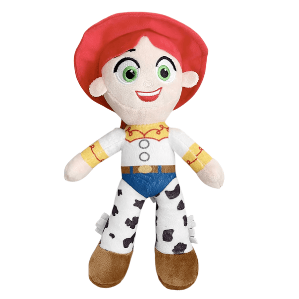 Peluche Jessie de Toy Story aux cheveux roux, chapeau rouge, chemise blanche et pantalon blanc à taches noires