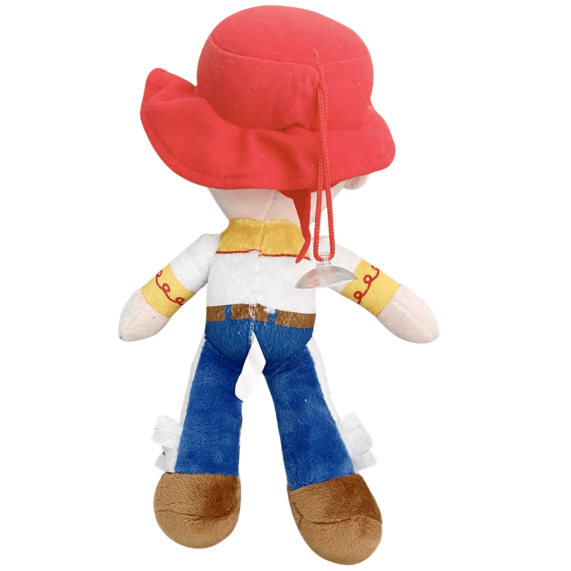 Peluche Jessie de Toy Story, montrée de dos avec un grand chapeau rouge, une chemise blanche et jaune et un pantalon bleu.