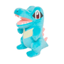 Peluche Kaiminus turquoise en tissu doux, avec ventre jaune pâle, yeux rouges et grande mâchoire ouverte garnie de dents blanches.