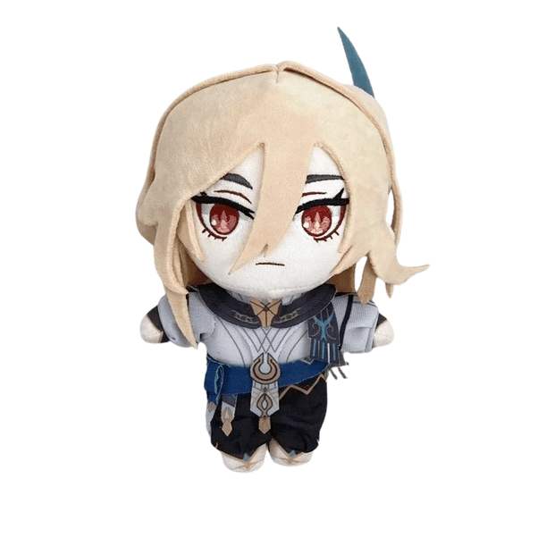 peluche Kaveh aux cheveux blond clair, aux yeux rouges brodés et vêtue d’une tenue grise, bleue et noire
