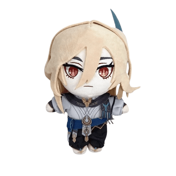 peluche Kaveh aux cheveux blond clair, aux yeux rouges brodés et vêtue d’une tenue grise, bleue et noire