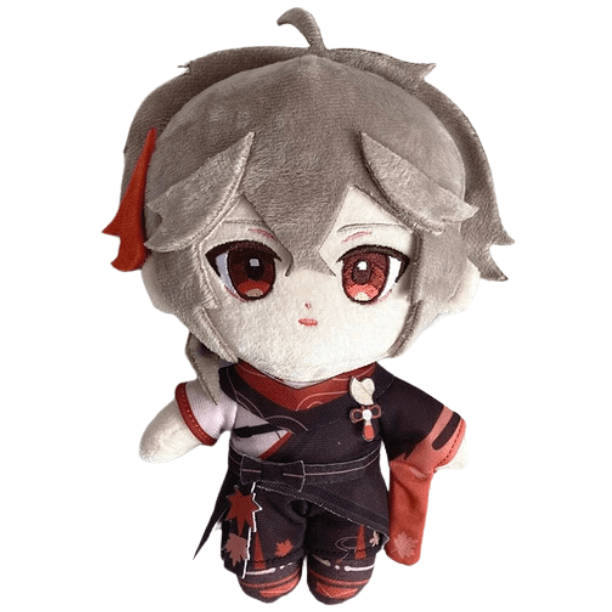 Peluche Kazuha aux cheveux gris et aux yeux rouges, vêtue d’un costume noir et rouge avec détails décoratifs